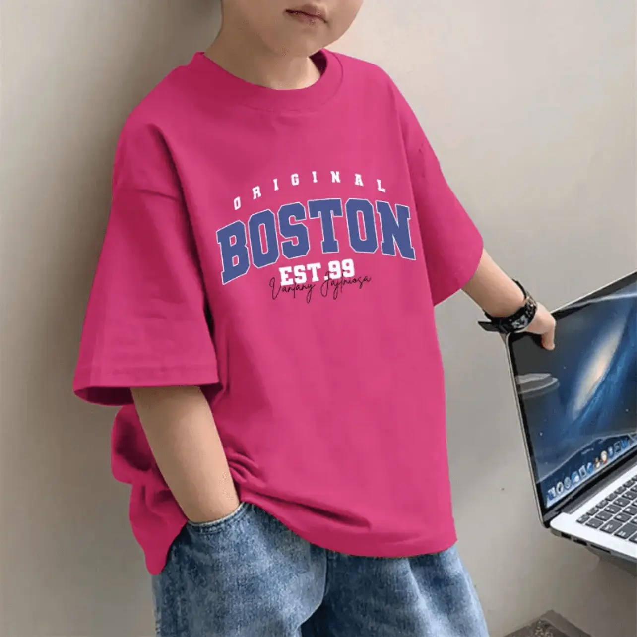 2025 Boys Pure Cotton Cartoon Print T-Shirt Pink
