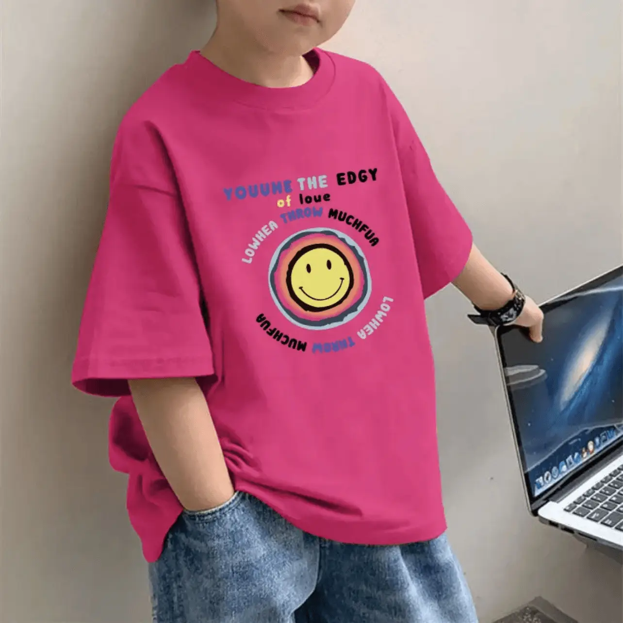 2025 Boys Pure Cotton Cartoon Print T-Shirt Pink