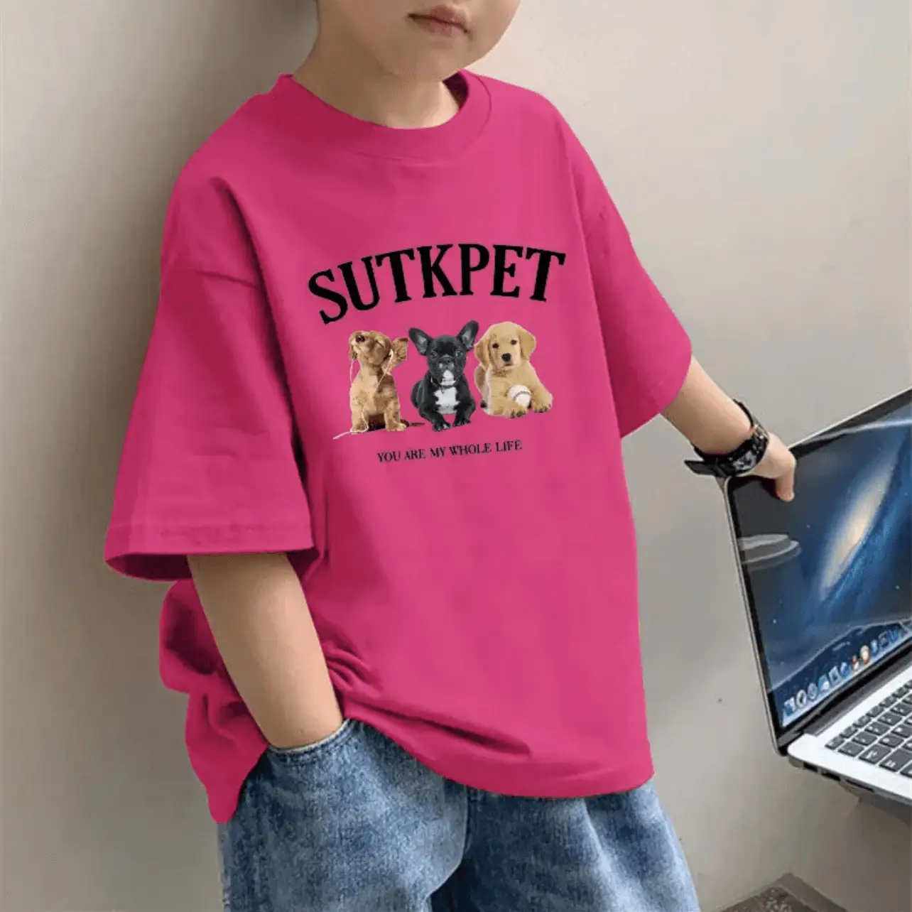 2025 Boys Pure Cotton Cartoon Print T-Shirt Pink