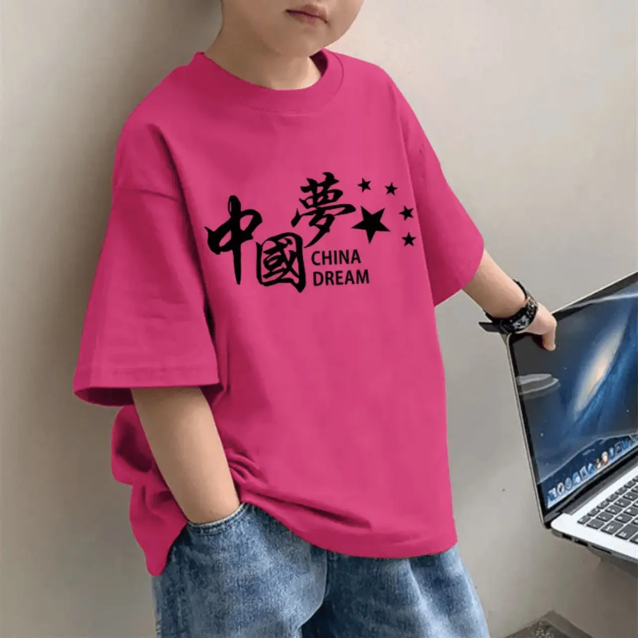 2025 Boys Pure Cotton Cartoon Print T-Shirt Pink