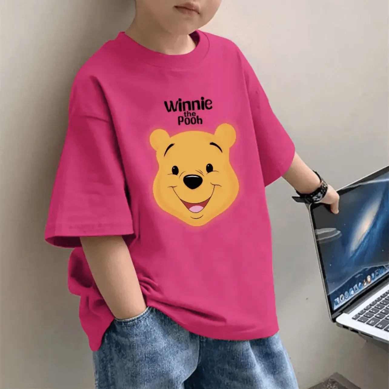 2025 Boys Pure Cotton Cartoon Print T-Shirt Pink