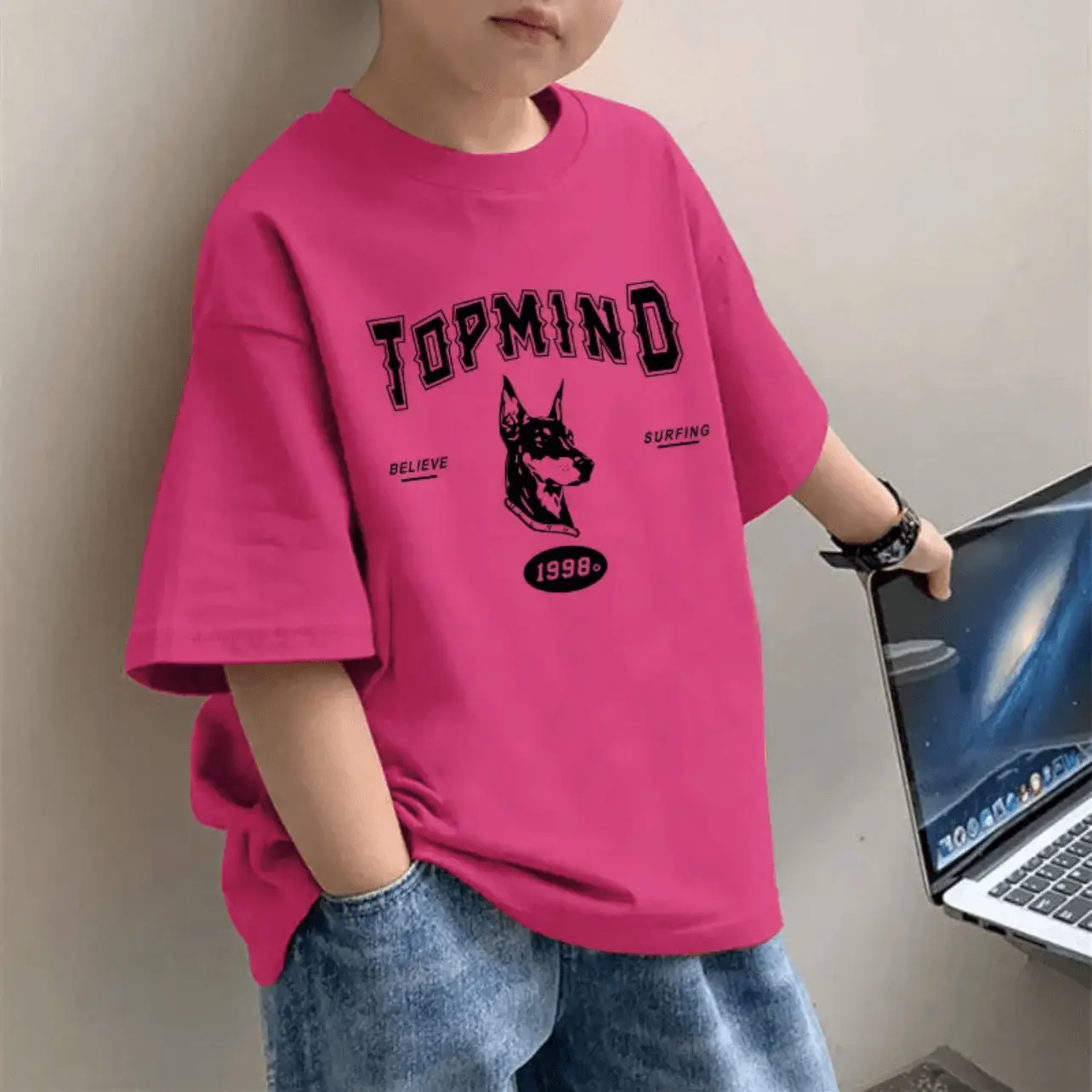 2025 Boys Pure Cotton Cartoon Print T-Shirt Pink