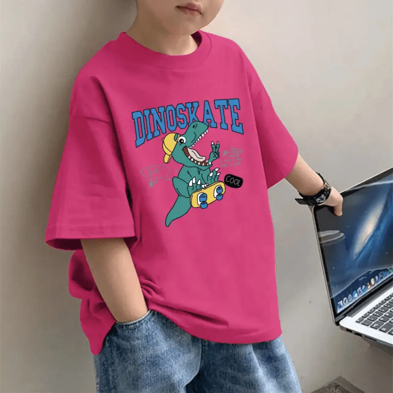 2025 Boys Pure Cotton Cartoon Print T-Shirt Pink