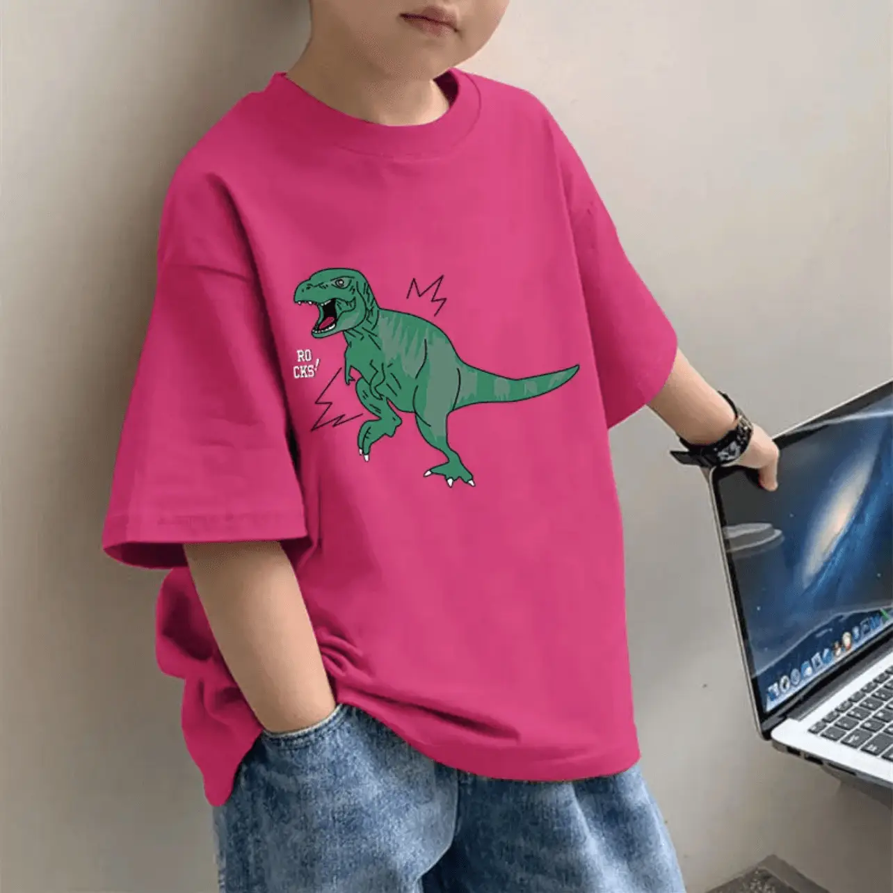 2025 Boys Pure Cotton Cartoon Print T-Shirt Pink