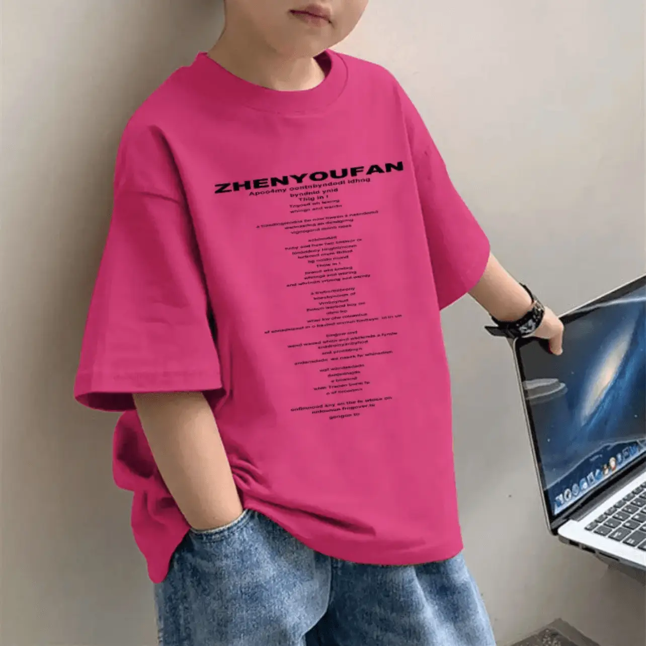 2025 Boys Pure Cotton Cartoon Print T-Shirt Pink