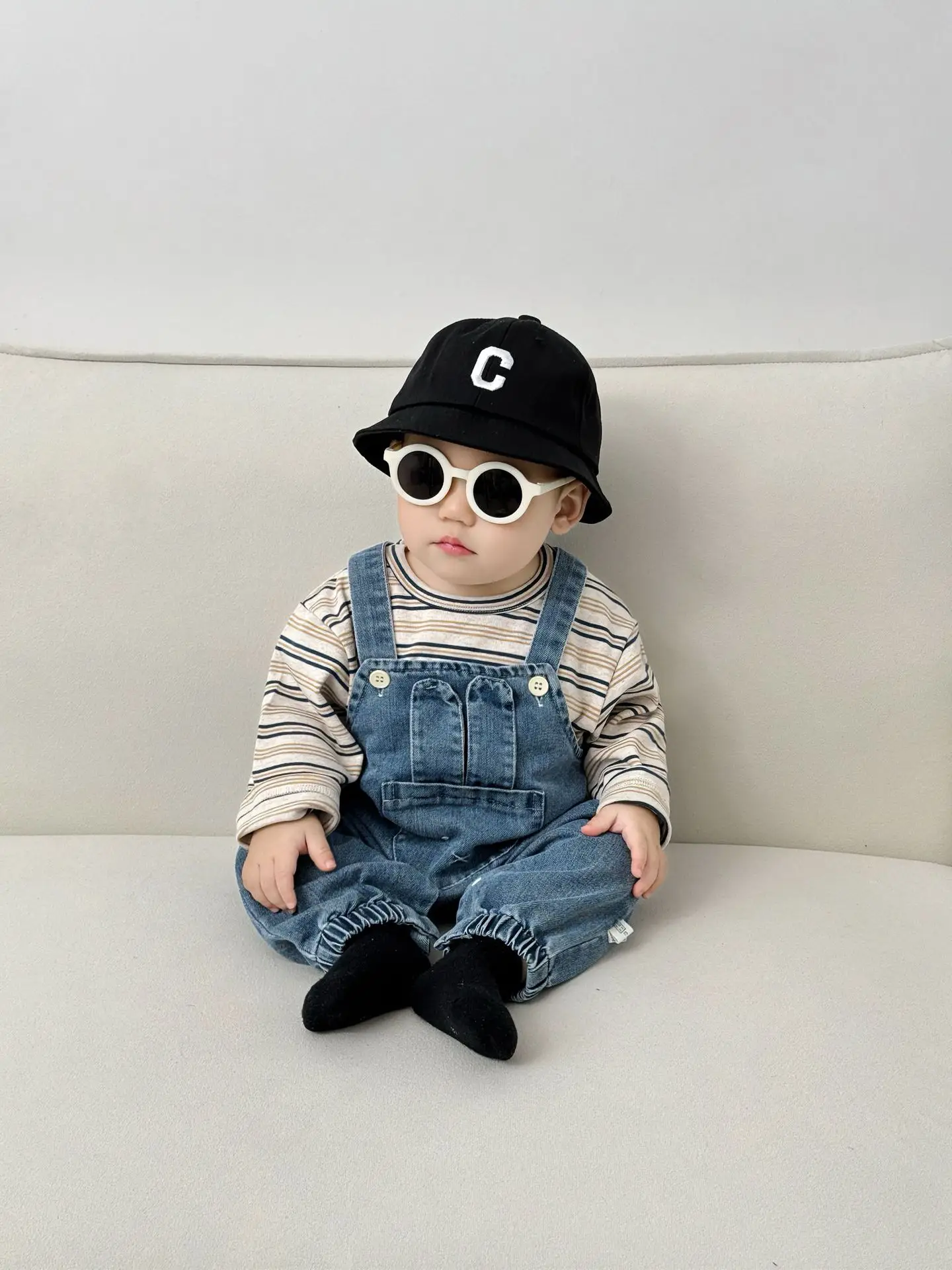 Baby Western Suit Striped T-Shirt Denim Overalls Set - Image 4