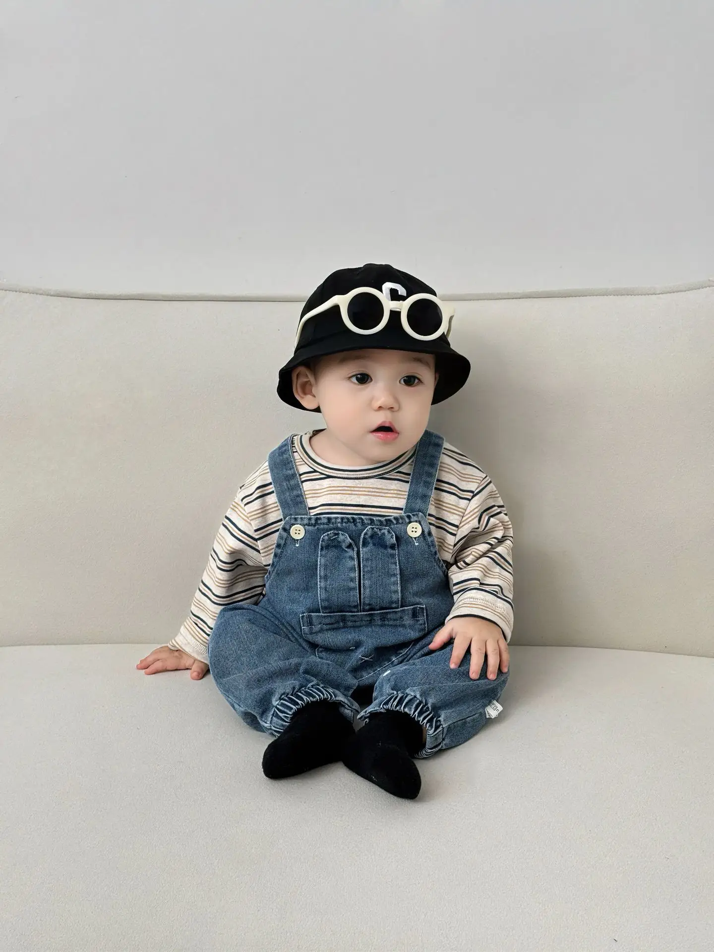 Baby Western Suit Striped T-Shirt Denim Overalls Set - Image 7