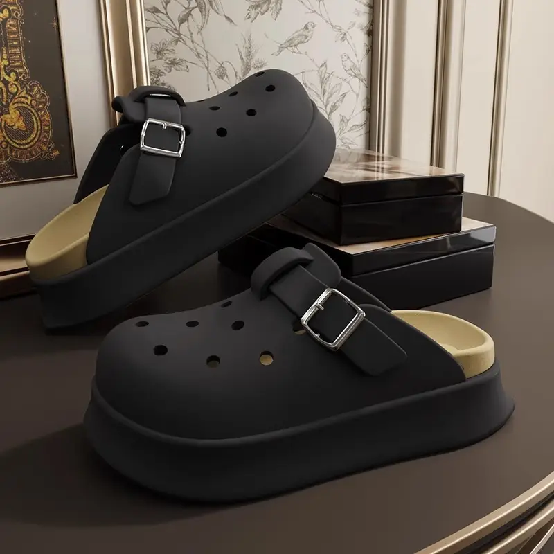 Women's Black Buckle Sandals Summer New Thick Soles