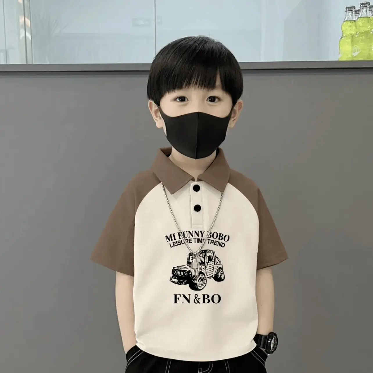 Children's 100% Cotton Polo Shirt Brown Cream Short Sleeve Boys - Image 11