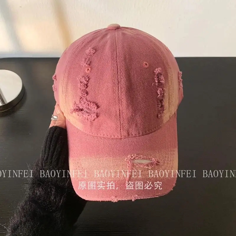 Washed Hole Baseball Cap Women Wide Brim Pink Korean Style - Image 2