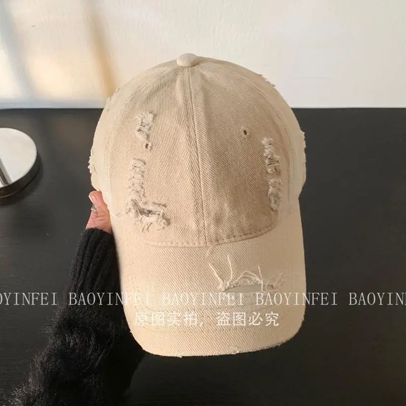 Washed Hole Baseball Cap Women Wide Brim Pink Korean Style - Image 5