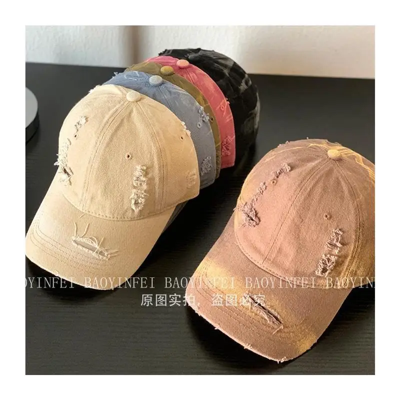 Washed Hole Baseball Cap Women Wide Brim Pink Korean Style - Image 6