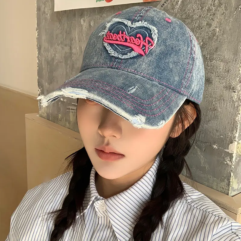 Women's Washed Denim Baseball Cap with Heart Embroidery - Image 2