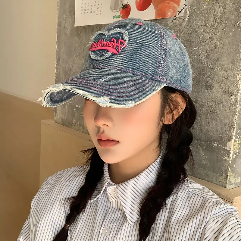 Women's Washed Denim Baseball Cap with Heart Embroidery - Image 3