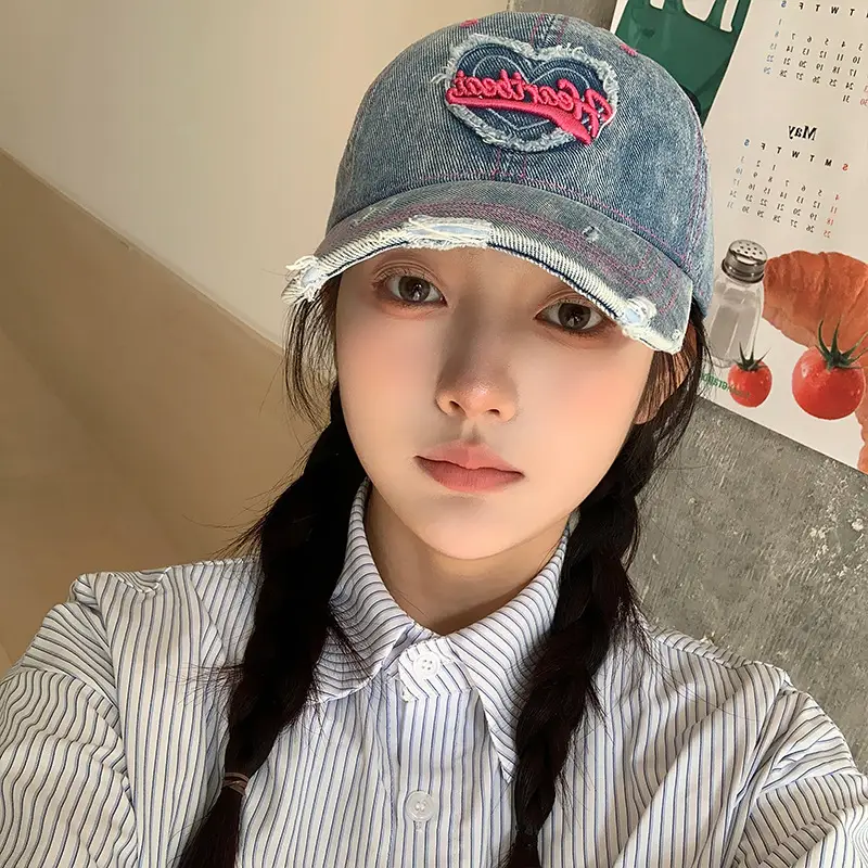 Women's Washed Denim Baseball Cap with Heart Embroidery - Image 4