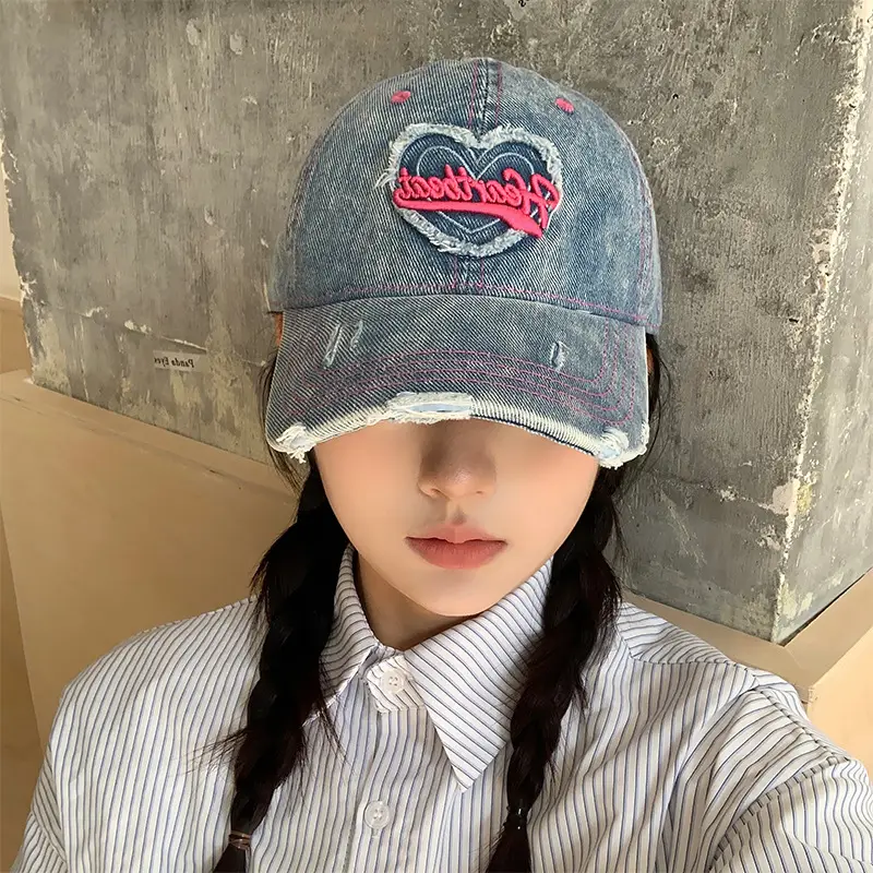Women's Washed Denim Baseball Cap with Heart Embroidery - Image 6