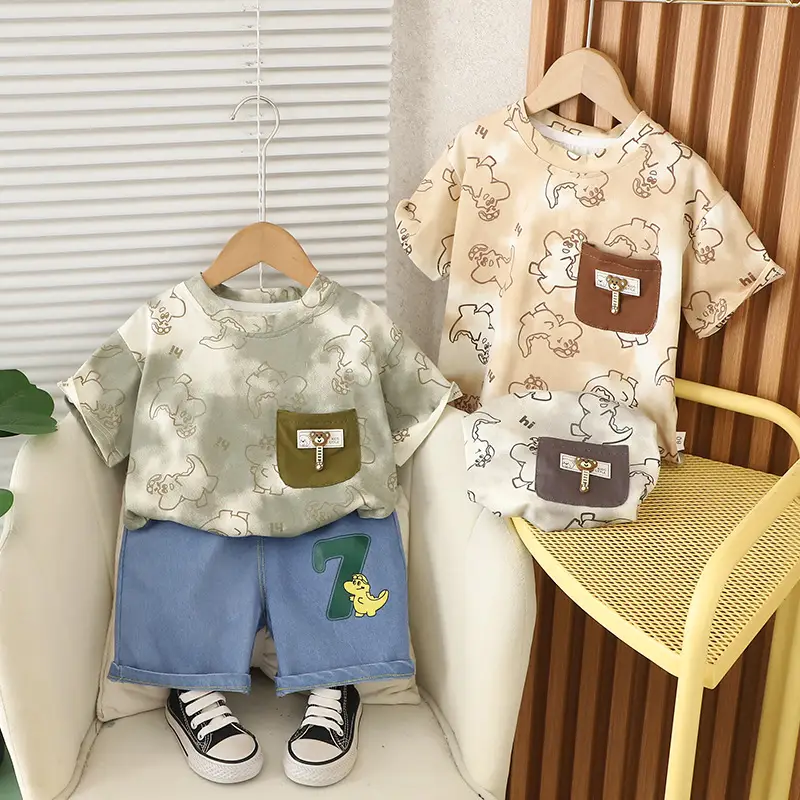 Children's 2025 Summer Suit with Dinosaur Print T-Shirt - Image 4