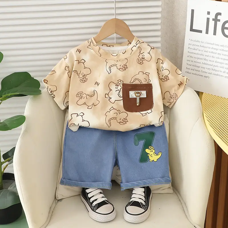 Children's 2025 Summer Suit with Dinosaur Print T-Shirt - Image 3