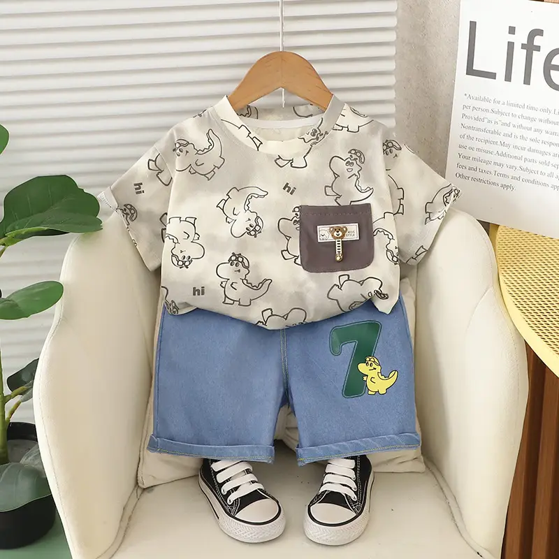 Children's 2025 Summer Suit with Dinosaur Print T-Shirt - Image 2
