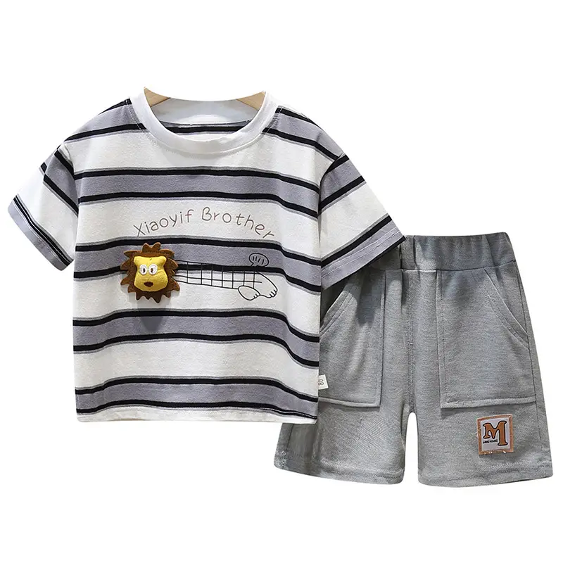Boys Striped T-Shirt Shorts Set with 3D Lion Design