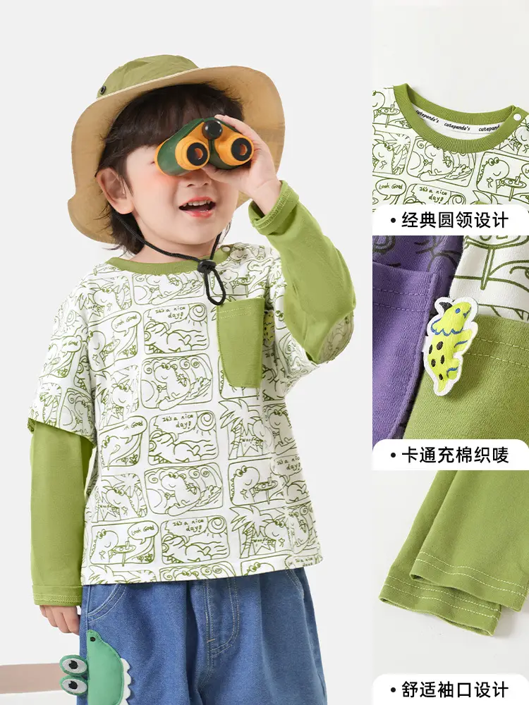 Kids Fake Two-Piece T-Shirt Set Green White Spring Outfit - Image 5