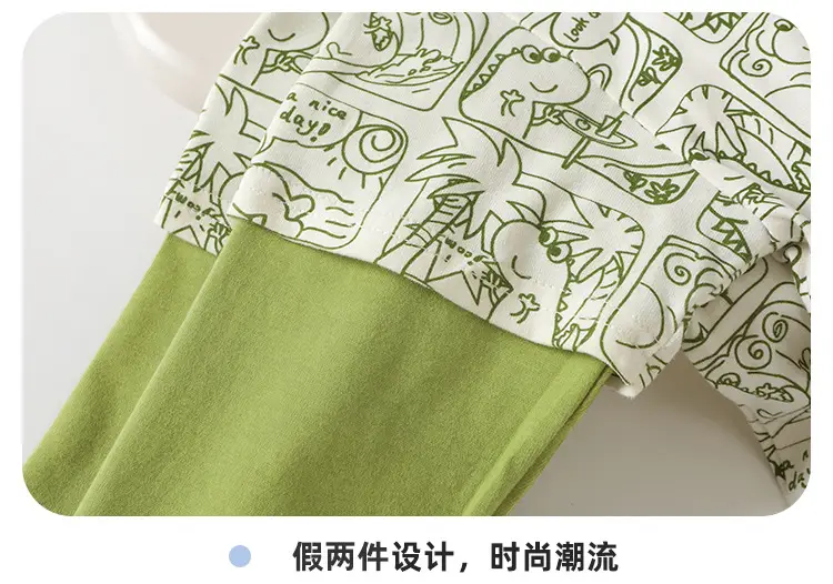 Kids Fake Two-Piece T-Shirt Set Green White Spring Outfit — feature 14