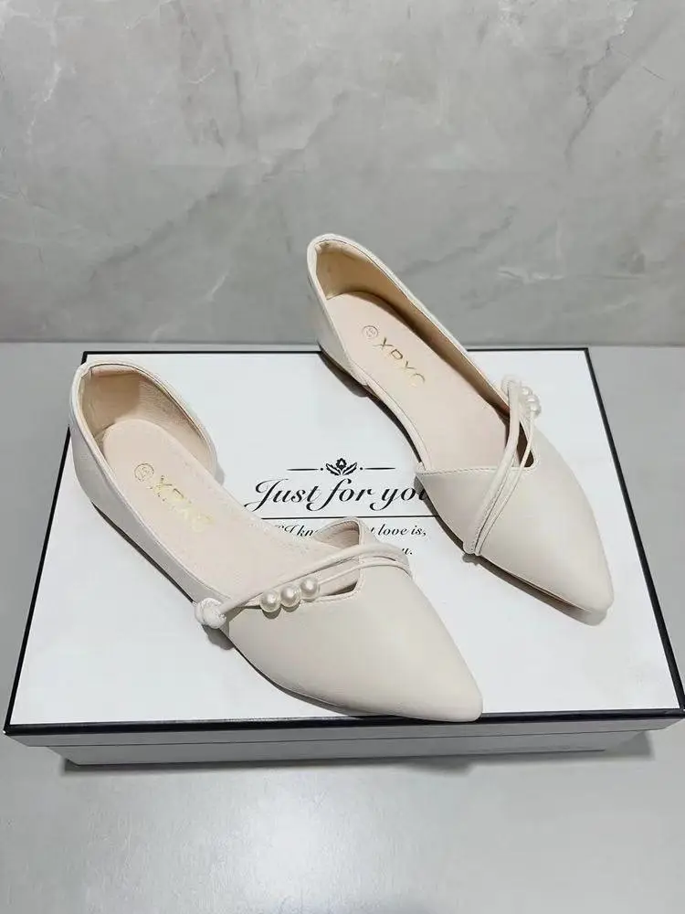 French Side Air Quality Flats for Women 2023 Spring New Pointed Toe Flats Bottom Evening Style Fairy Soft Leather Beanie Shoes — feature 7