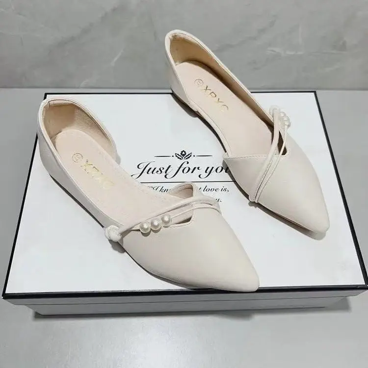 French Side Air Quality Flats for Women 2023 Spring New Pointed Toe Flats Bottom Evening Style Fairy Soft Leather Beanie Shoes — feature 9
