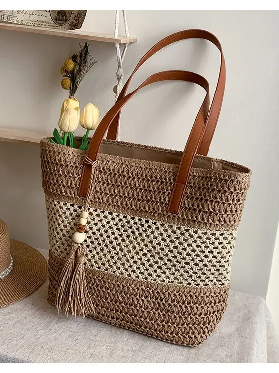 Women's Cross-Coupled Straw Tassel Bag Large Capacity - Image 7