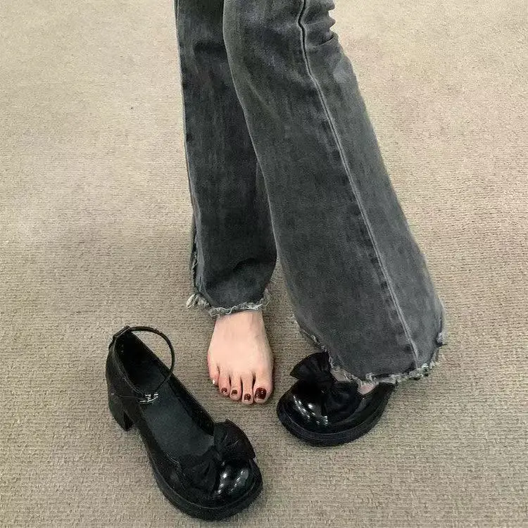 Dress Mary Jane Shoes Women's 2025 Spring New Round Toe Shallow Mouth High Heeled Leather Shoes Bow Retro JK Single Shoes