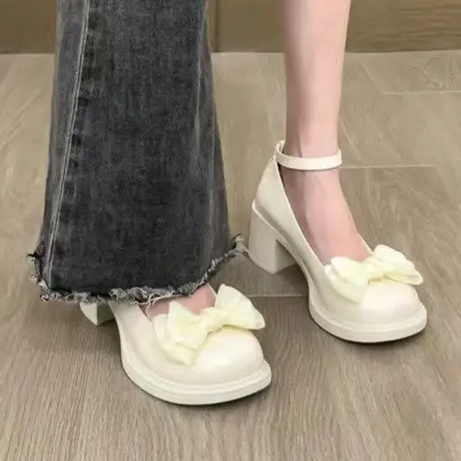 Dress Mary Jane Shoes Women's 2025 Spring New Round Toe Shallow Mouth High Heeled Leather Shoes Bow Retro JK Single Shoes