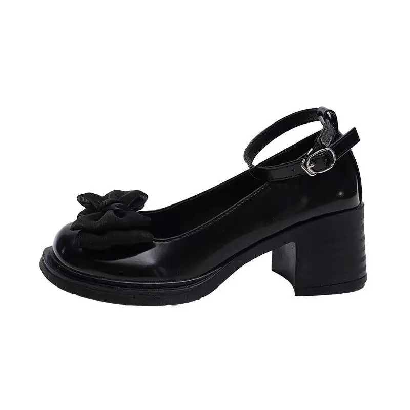 Dress Mary Jane Shoes Women's 2025 Spring New Round Toe Shallow Mouth High Heeled Leather Shoes Bow Retro JK Single Shoes