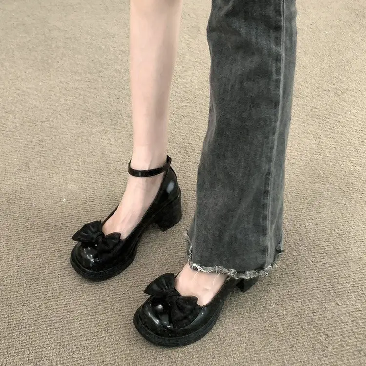 Dress Mary Jane Shoes Women's 2025 Spring New Round Toe Shallow Mouth High Heeled Leather Shoes Bow Retro JK Single Shoes — feature 1