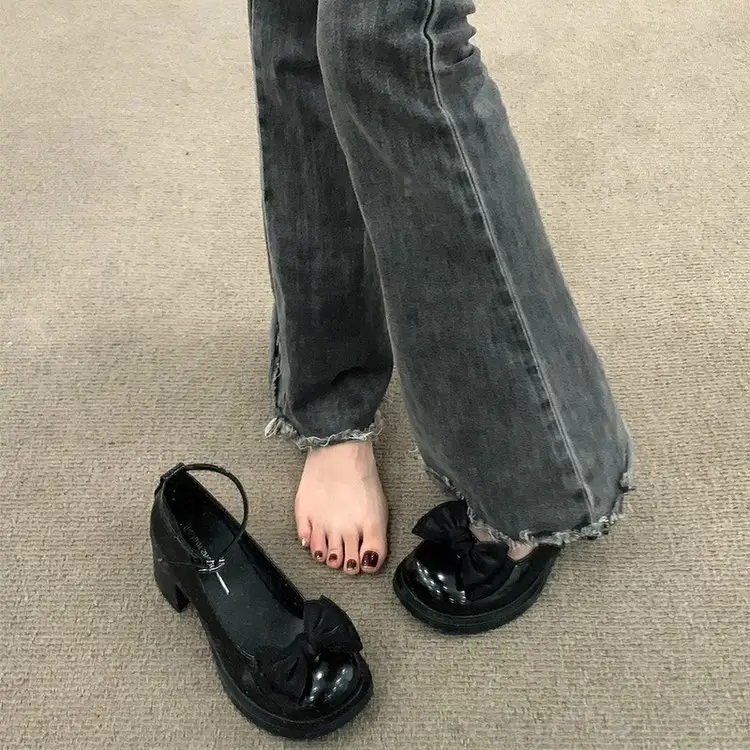 Dress Mary Jane Shoes Women's 2025 Spring New Round Toe Shallow Mouth High Heeled Leather Shoes Bow Retro JK Single Shoes — feature 3