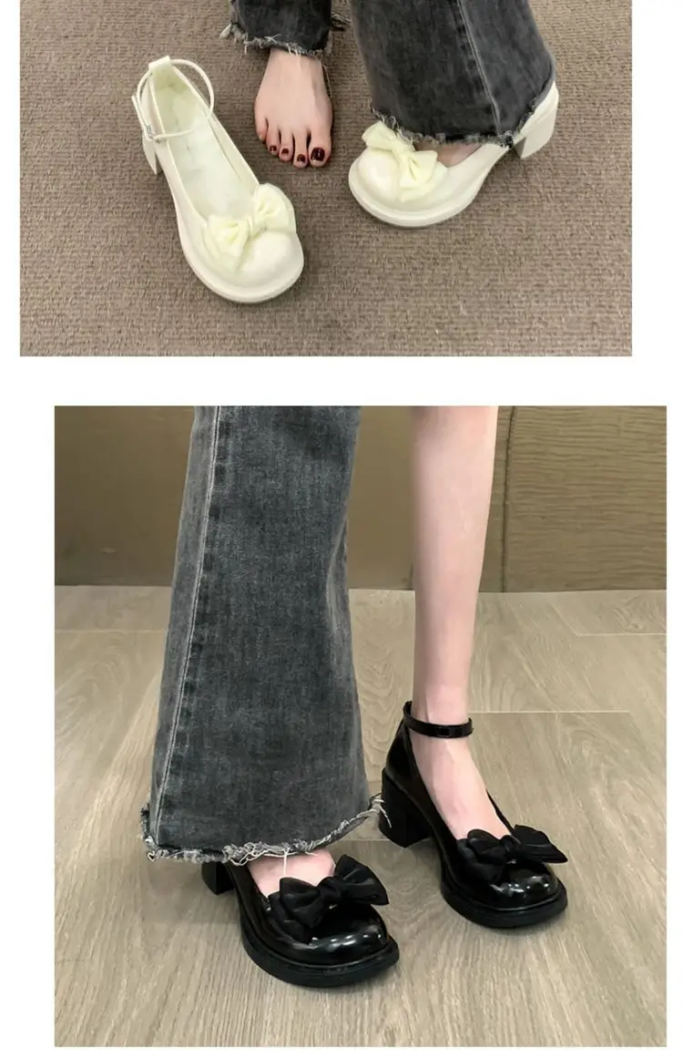Dress Mary Jane Shoes Women's 2025 Spring New Round Toe Shallow Mouth High Heeled Leather Shoes Bow Retro JK Single Shoes — feature 5