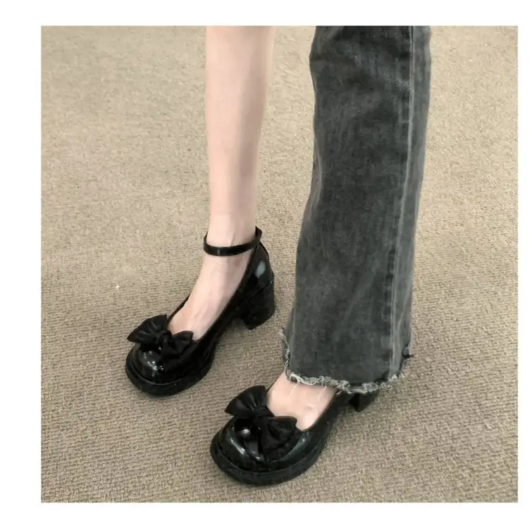Dress Mary Jane Shoes Women's 2025 Spring New Round Toe Shallow Mouth High Heeled Leather Shoes Bow Retro JK Single Shoes — feature 6