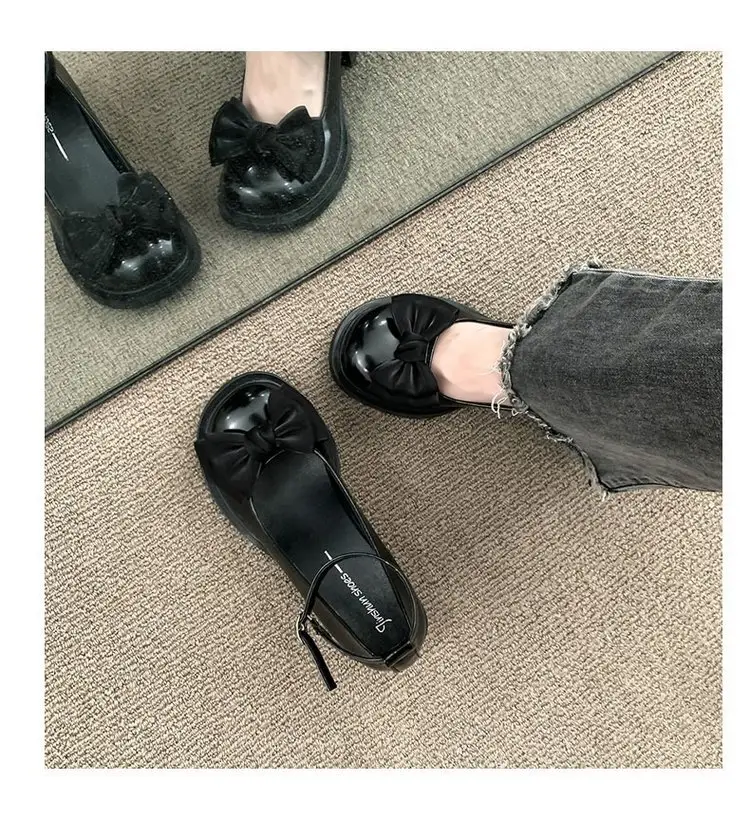Dress Mary Jane Shoes Women's 2025 Spring New Round Toe Shallow Mouth High Heeled Leather Shoes Bow Retro JK Single Shoes — feature 8