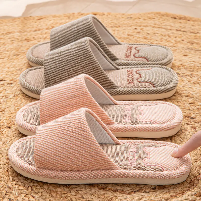 Linen Slippers Women's Summer Indoor Household Non-slip Home Floor Four Seasons Couple's Cotton Linen Slippers Men's