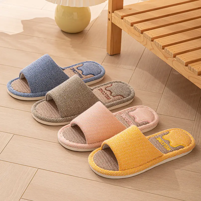 Linen Slippers Women's Summer Indoor Household Non-slip Home Floor Four Seasons Couple's Cotton Linen Slippers Men's