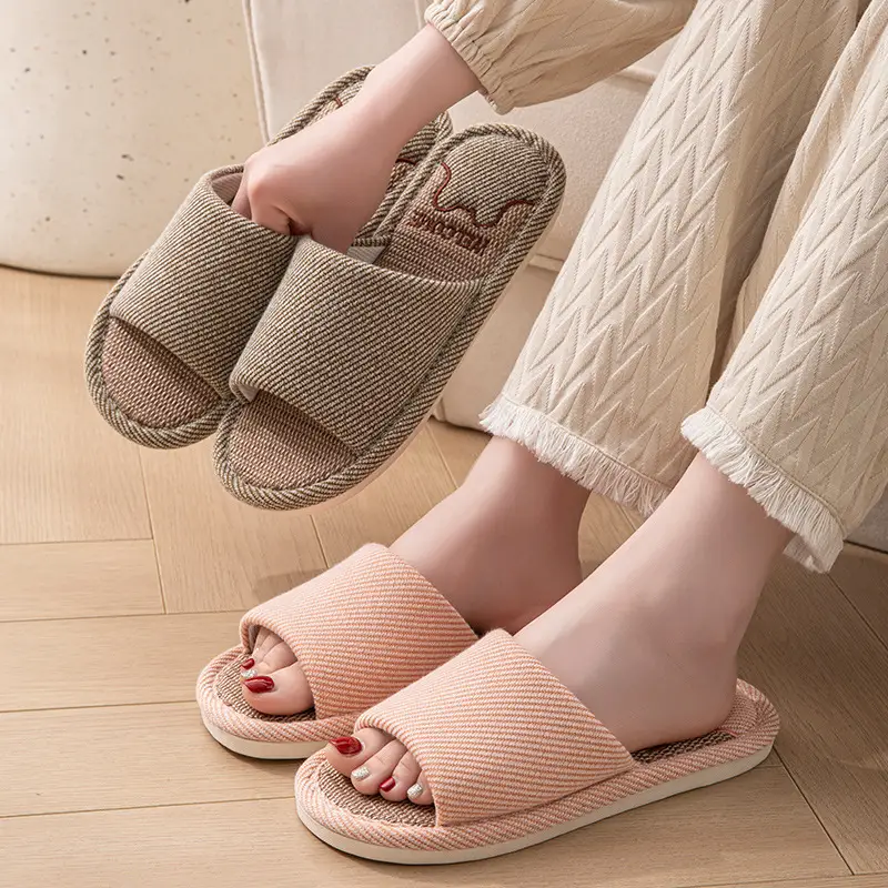 Linen Slippers Women's Summer Indoor Household Non-slip Home Floor Four Seasons Couple's Cotton Linen Slippers Men's