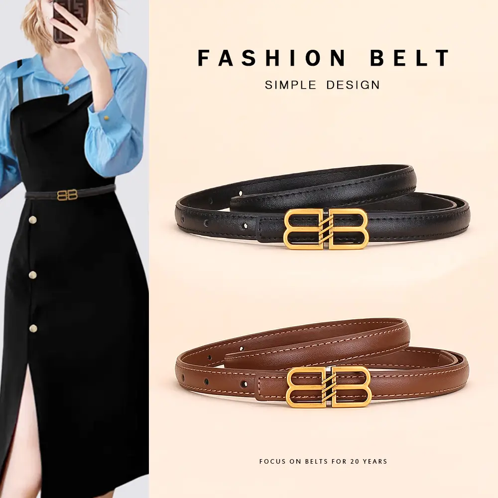 Women's Black Leather Belt with Gold Logo Buckle - Image 7