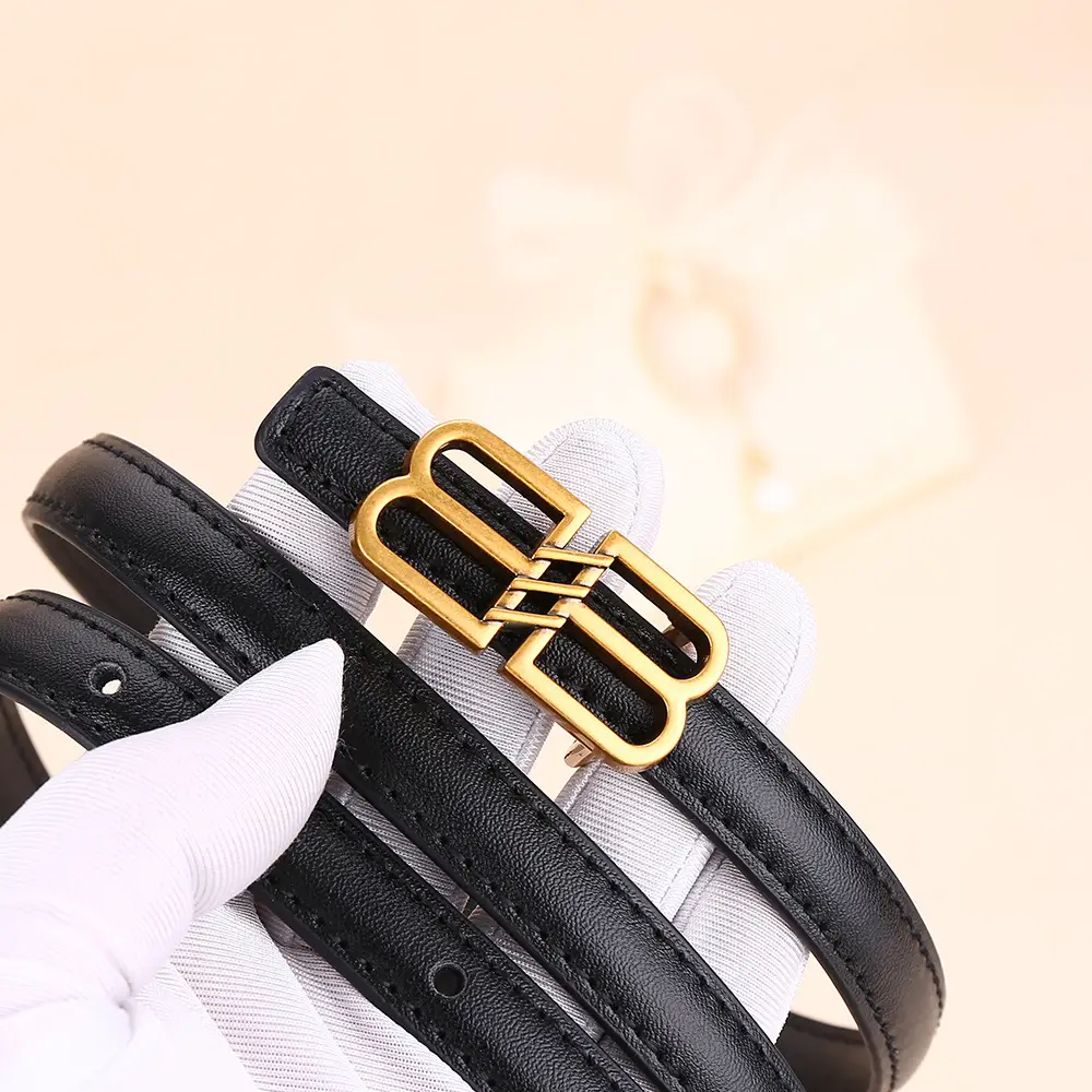 Women's Black Leather Belt with Gold Logo Buckle - Image 8