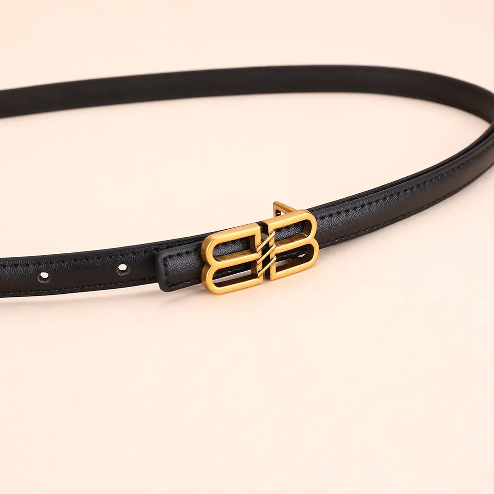 Women's Black Leather Belt with Gold Logo Buckle - Image 9