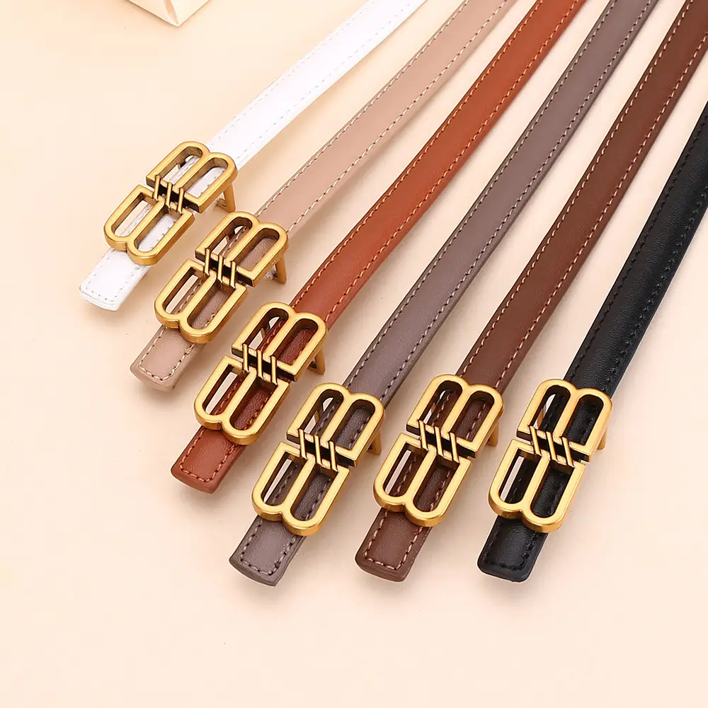 Women's Black Leather Belt with Gold Logo Buckle - Image 10