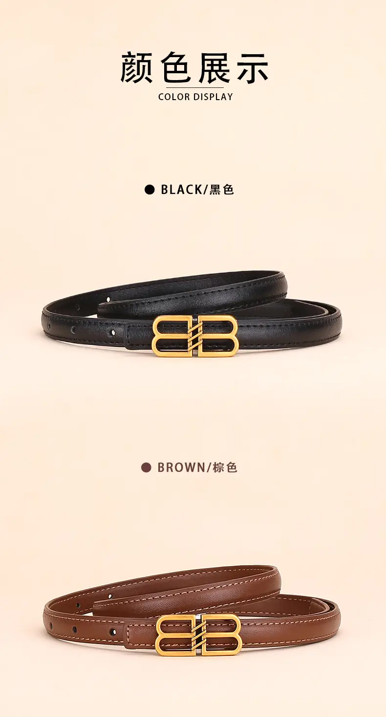 Women's Black Leather Belt with Gold Logo Buckle — feature 10