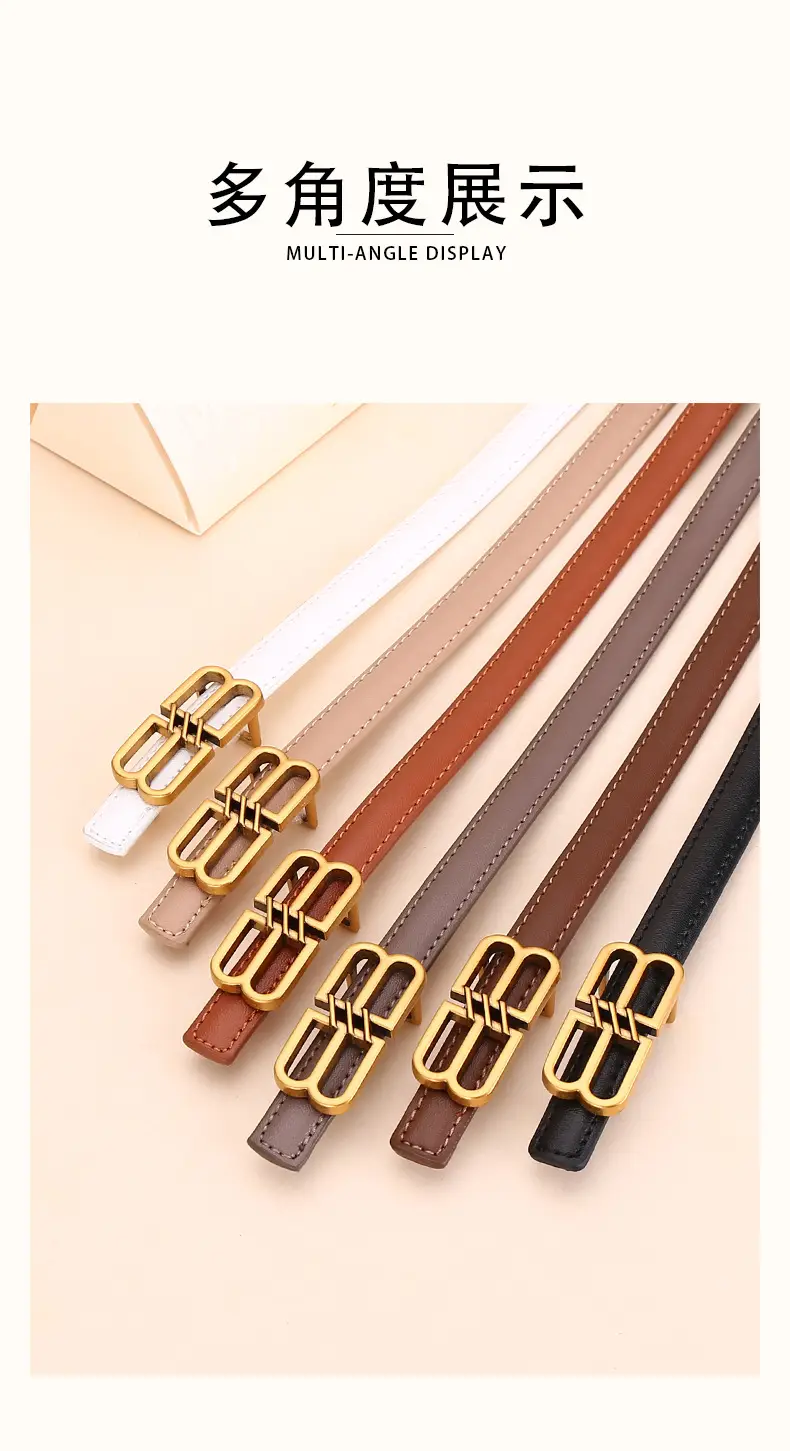 Women's Black Leather Belt with Gold Logo Buckle — feature 13