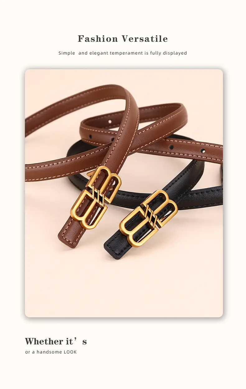 Women's Black Leather Belt with Gold Logo Buckle — feature 14
