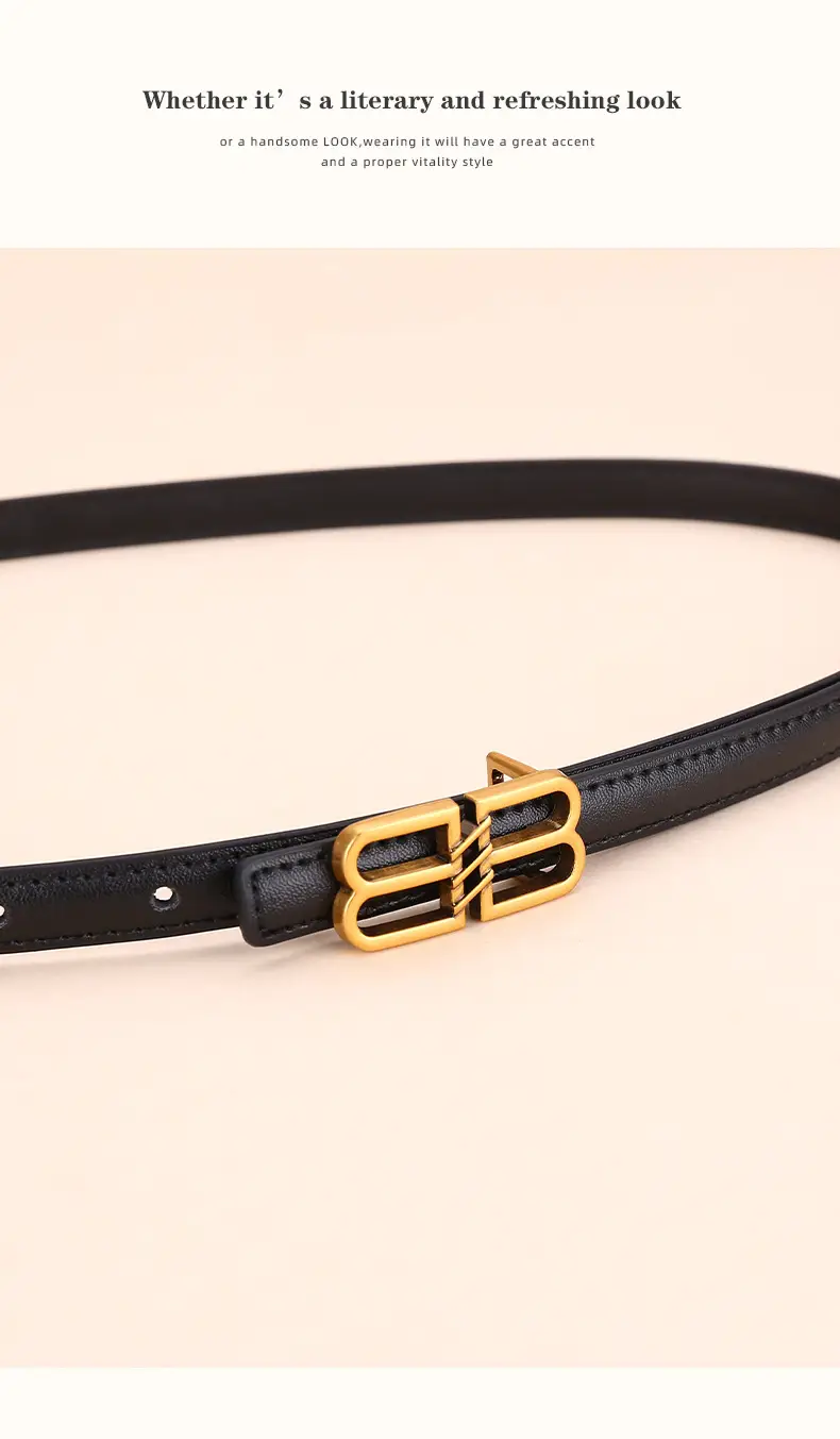 Women's Black Leather Belt with Gold Logo Buckle — feature 16