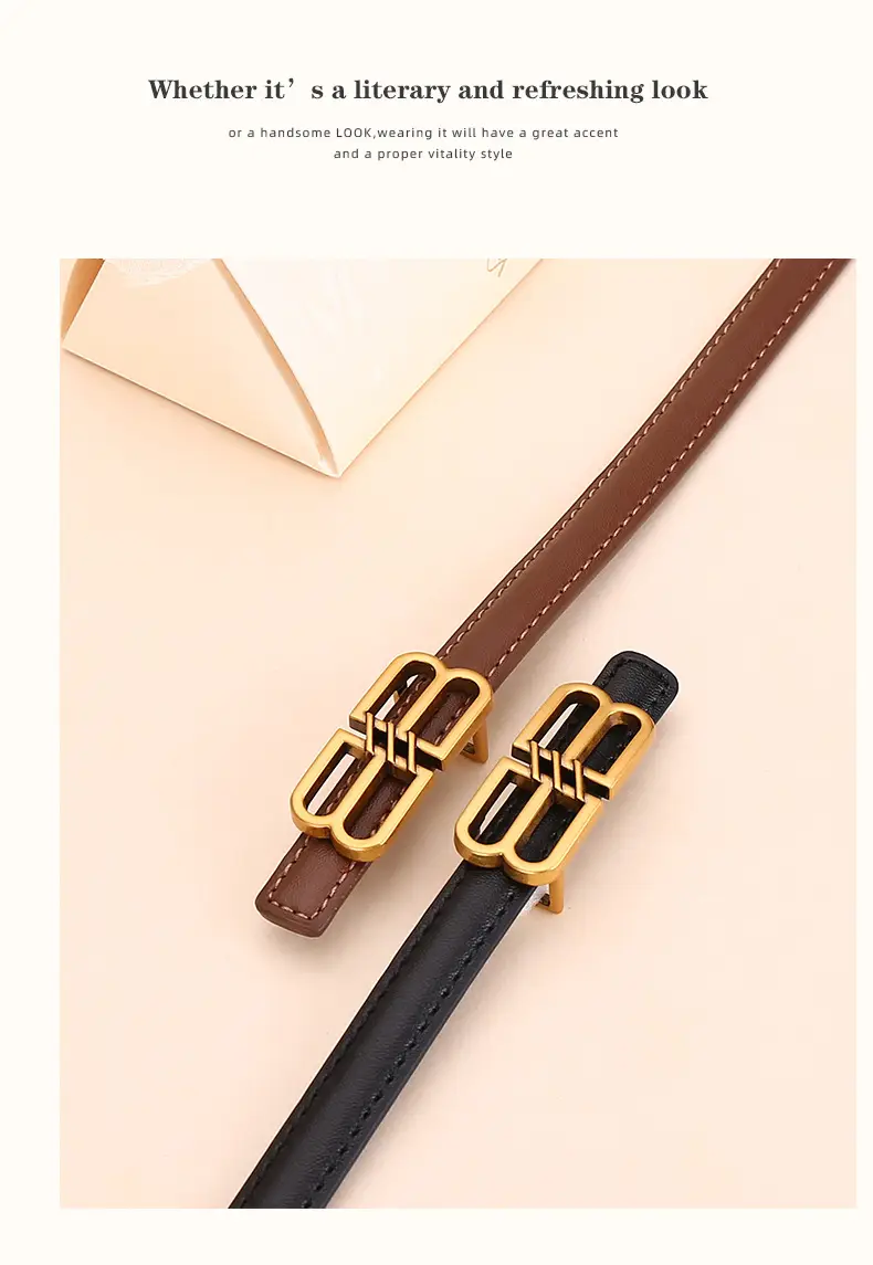 Women's Black Leather Belt with Gold Logo Buckle — feature 18