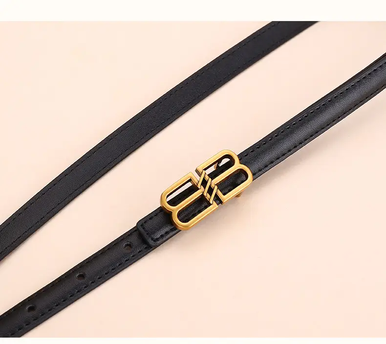 Women's Black Leather Belt with Gold Logo Buckle — feature 19